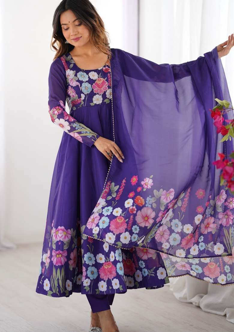 Blue Printed Silk Gown Set - Indya