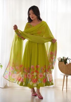 Olive Printed Silk Gown Set