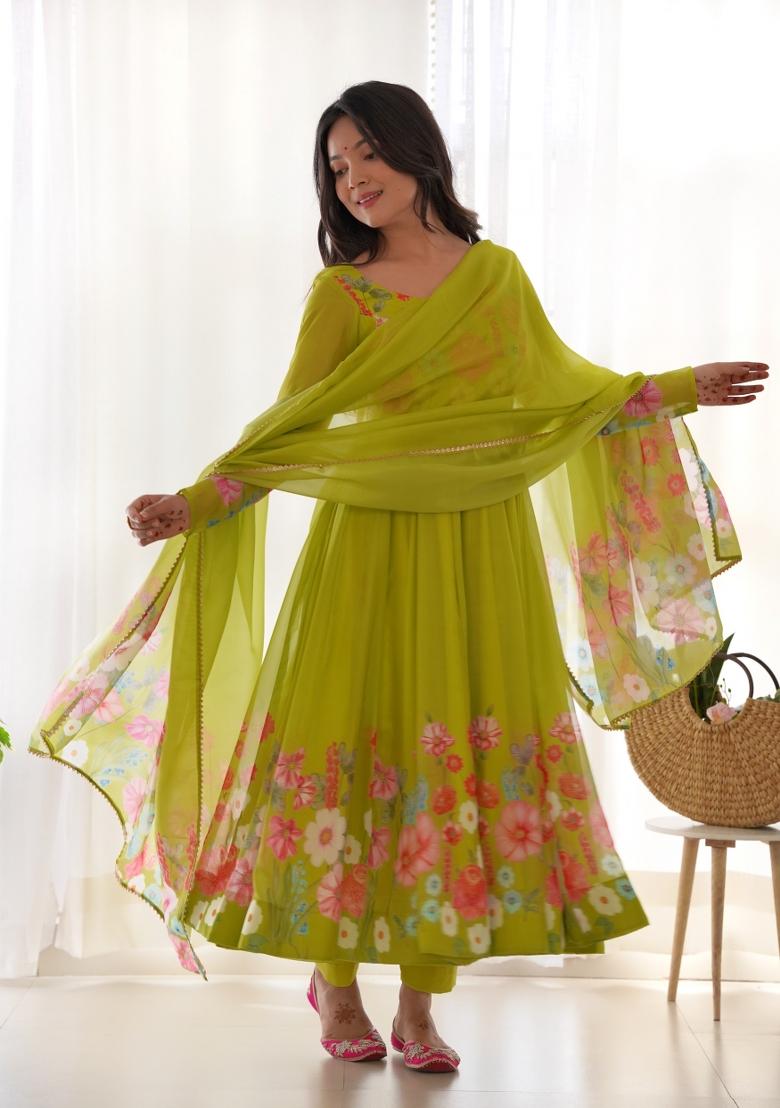 Olive Printed Silk Gown Set - Indya