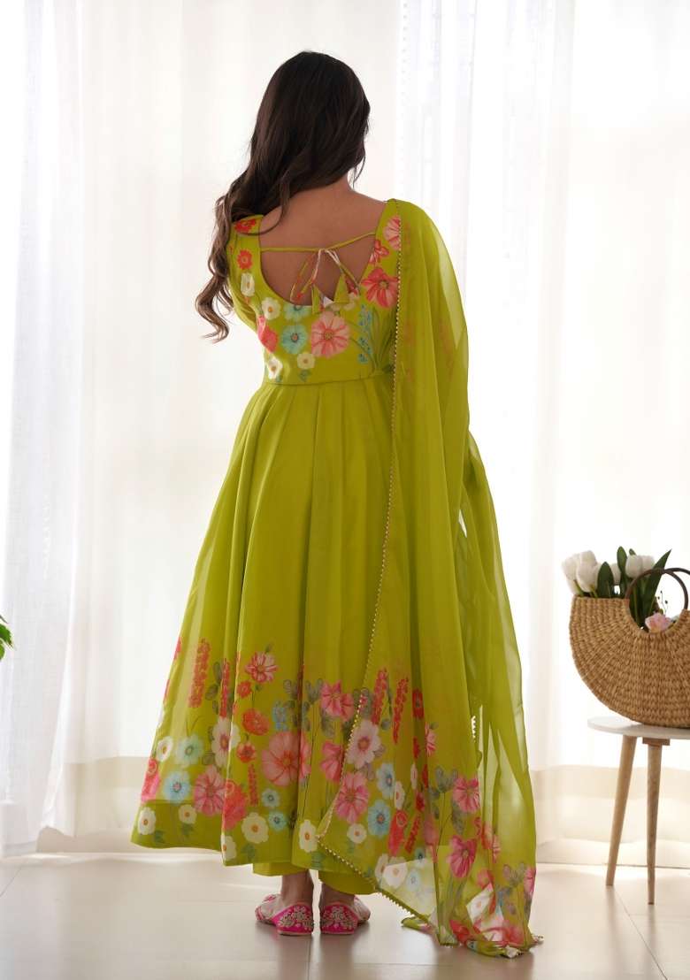 Olive Printed Silk Gown Set - Indya