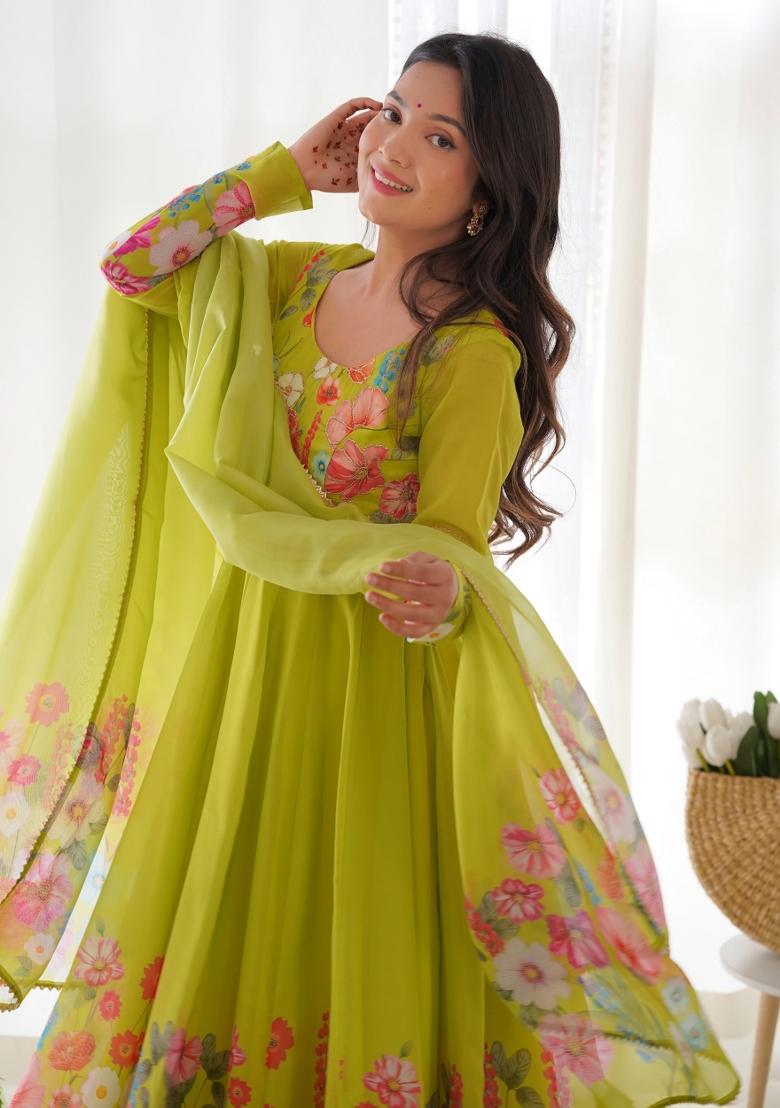 Olive Printed Silk Gown Set - Indya