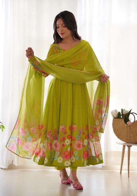 Olive Printed Silk Gown Set