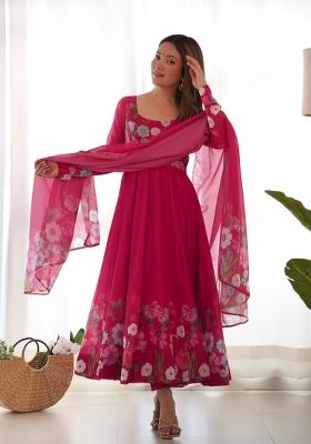 Pink Printed Silk Gown Set