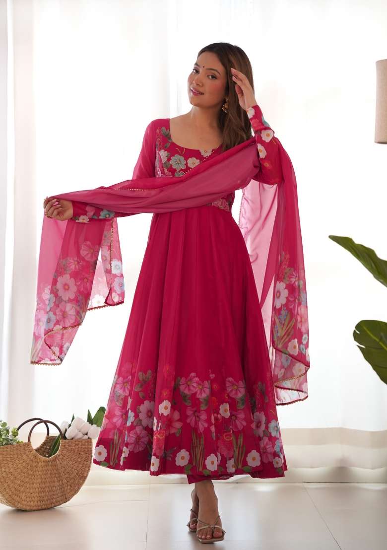 Pink Printed Silk Gown Set - Indya