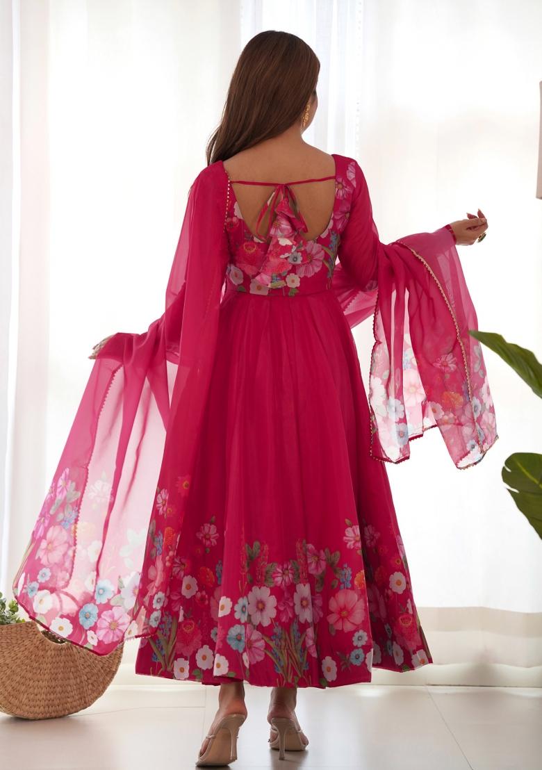 Pink Printed Silk Gown Set - Indya