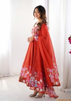 Red Printed Silk Gown Set