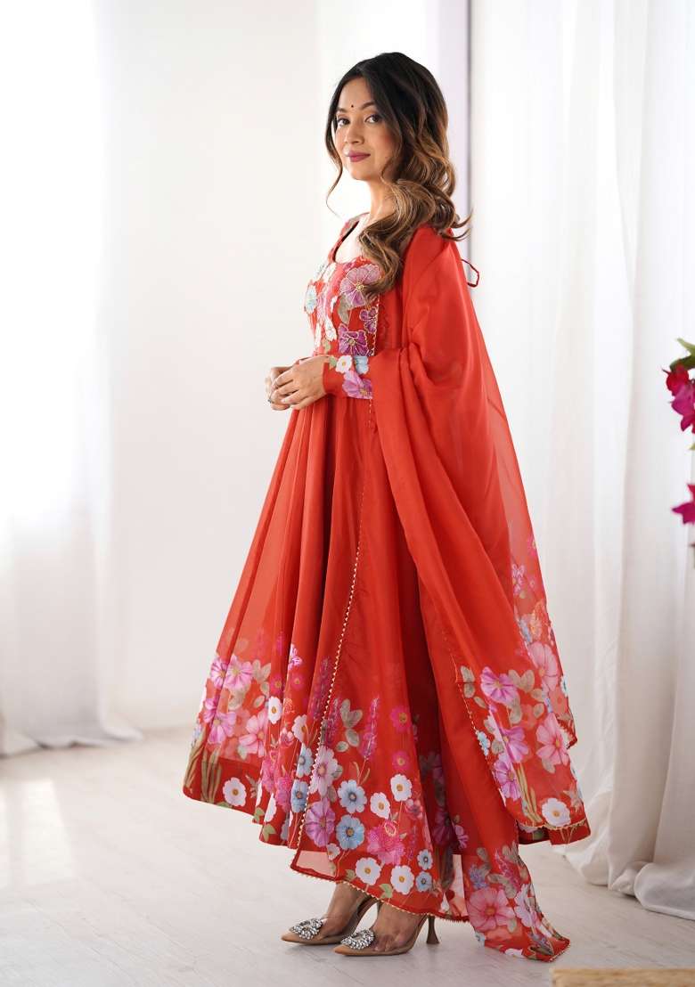 Red Printed Silk Gown Set - Indya