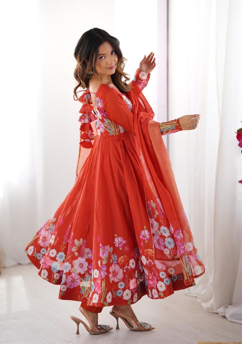 Red Printed Silk Gown Set - Indya