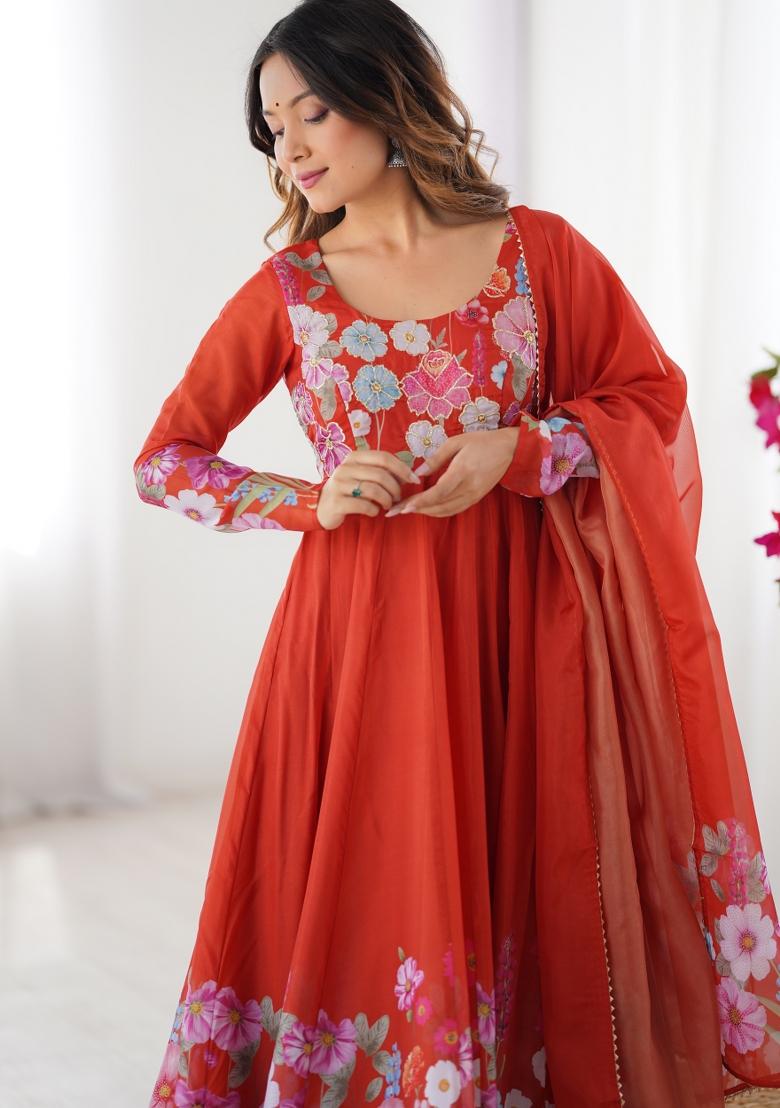 Red Printed Silk Gown Set - Indya