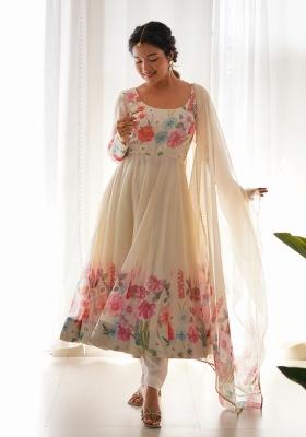 Cream Printed Silk Gown Set