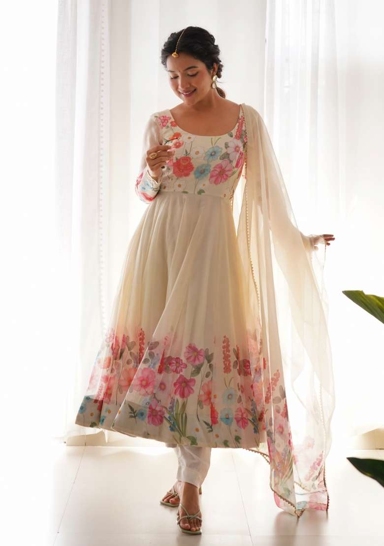 Cream Printed Silk Gown Set - Indya