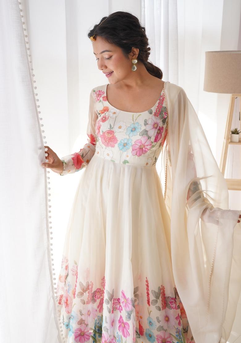 Cream Printed Silk Gown Set - Indya