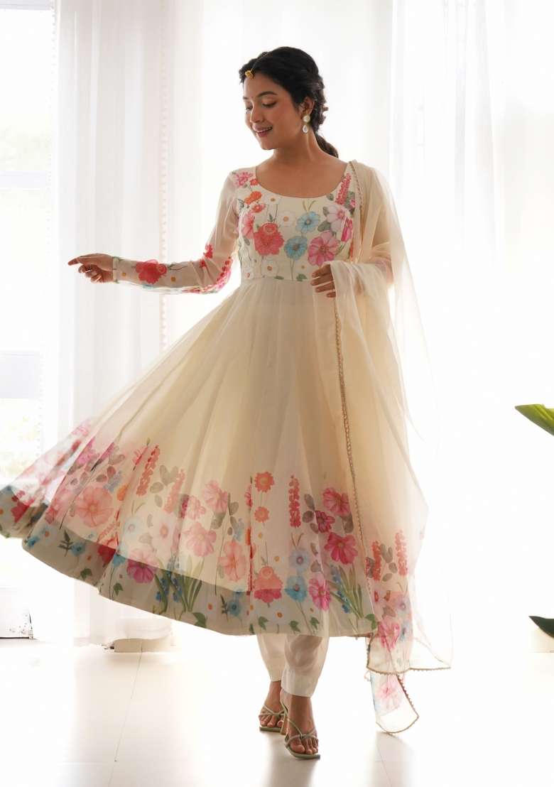Cream Printed Silk Gown Set - Indya