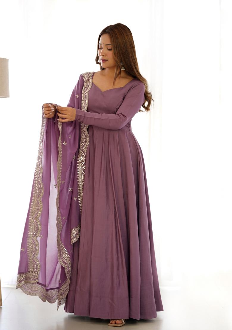 Wine Plain Chanderi Gown Set - Indya