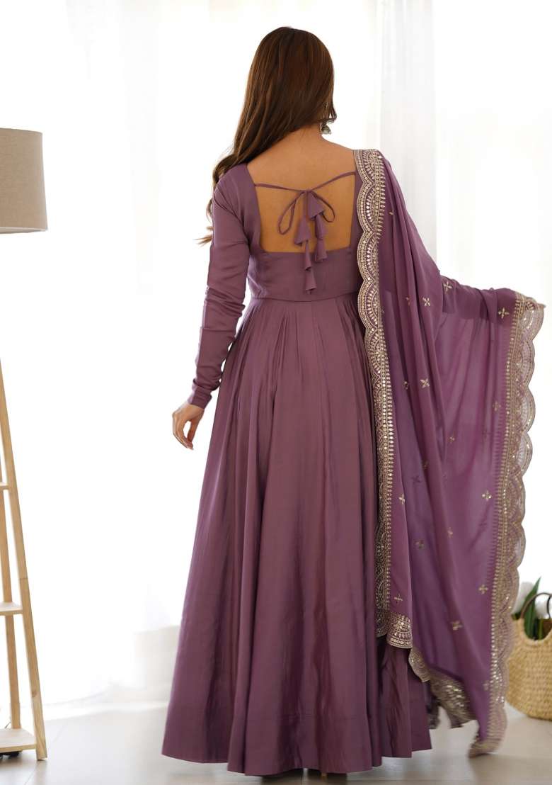 Wine Plain Chanderi Gown Set - Indya
