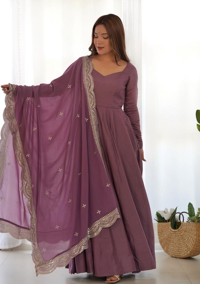 Wine Plain Chanderi Gown Set - Indya