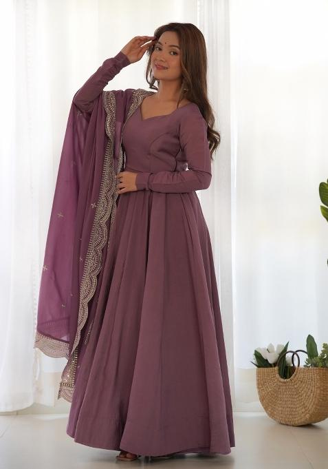 Wine Plain Chanderi Gown Set