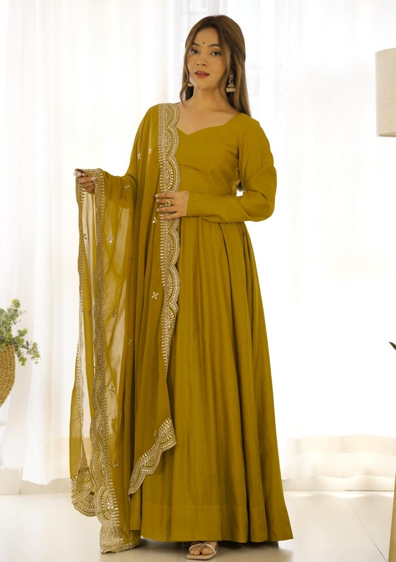 Mustard Yellow Plain Chanderi Gown Set - Indya