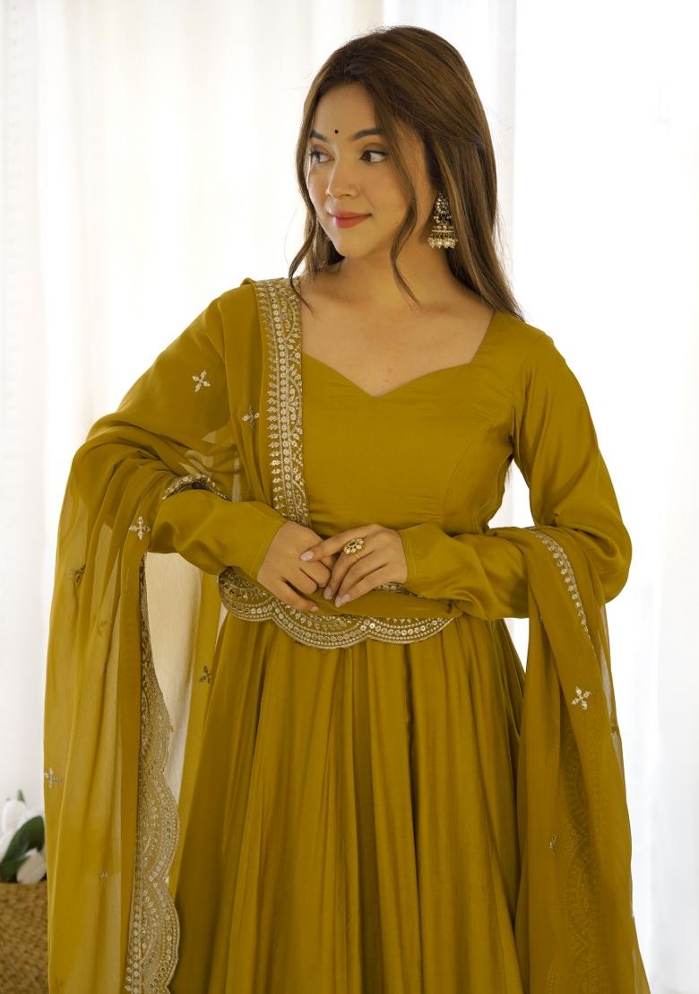 Mustard Yellow Plain Chanderi Gown Set - Indya