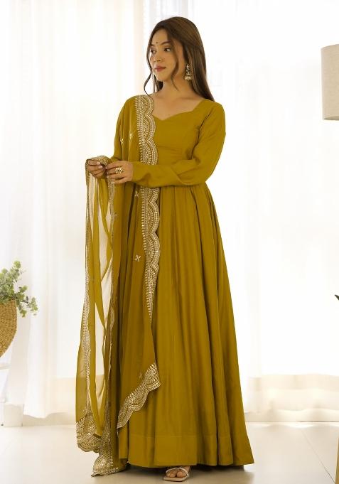 Mustard Yellow Plain Chanderi Gown Set