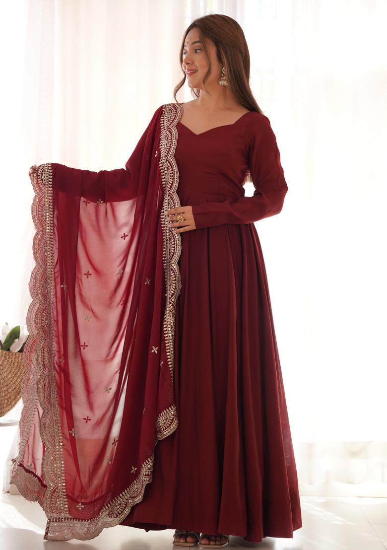 Maroon Plain Chanderi Gown Set - Indya