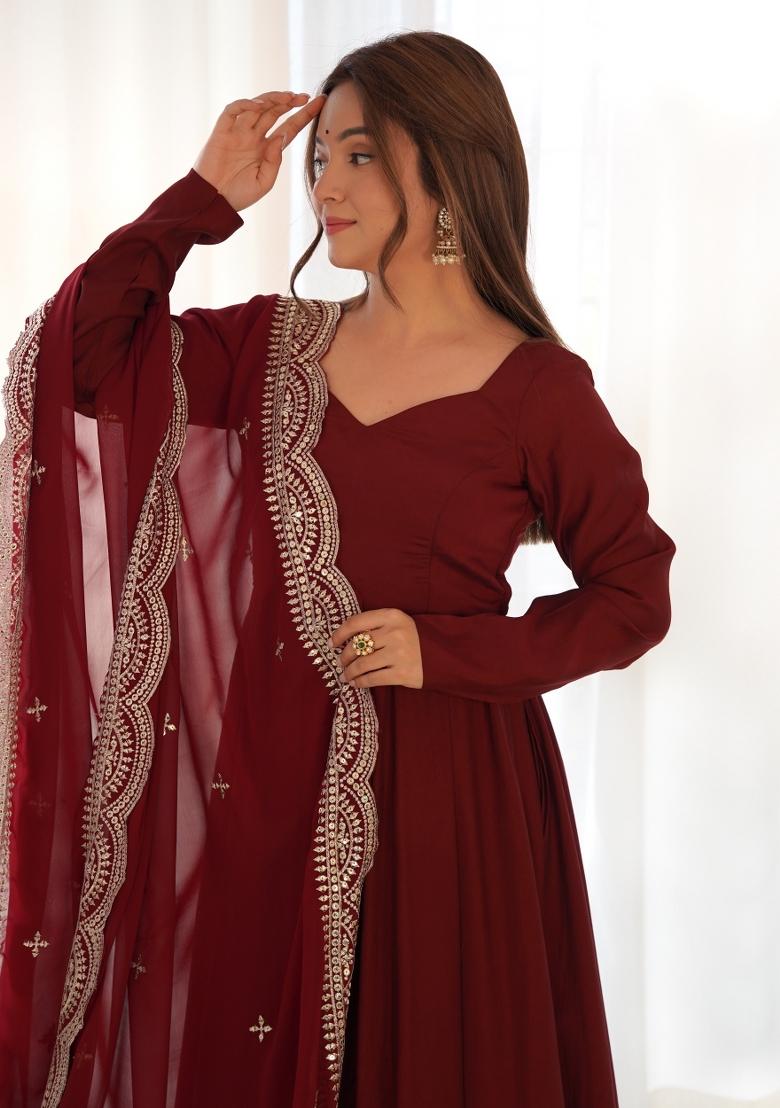 Maroon Plain Chanderi Gown Set - Indya