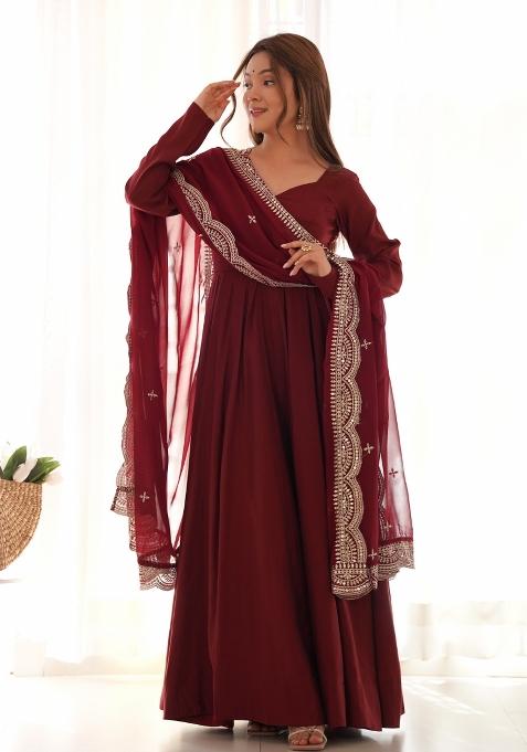Maroon Plain Chanderi Gown Set