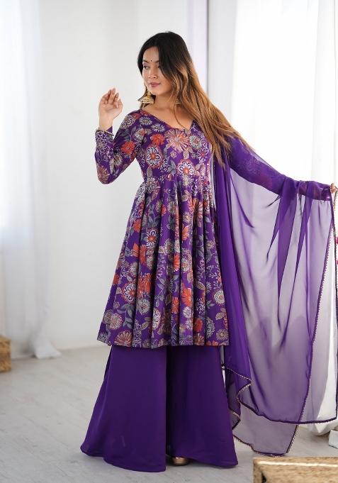Purple Printed Chanderi Palazzo Set
