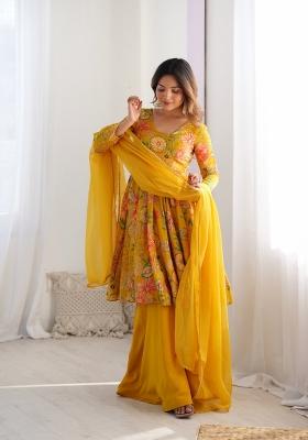Yellow Printed Chanderi Palazzo Set