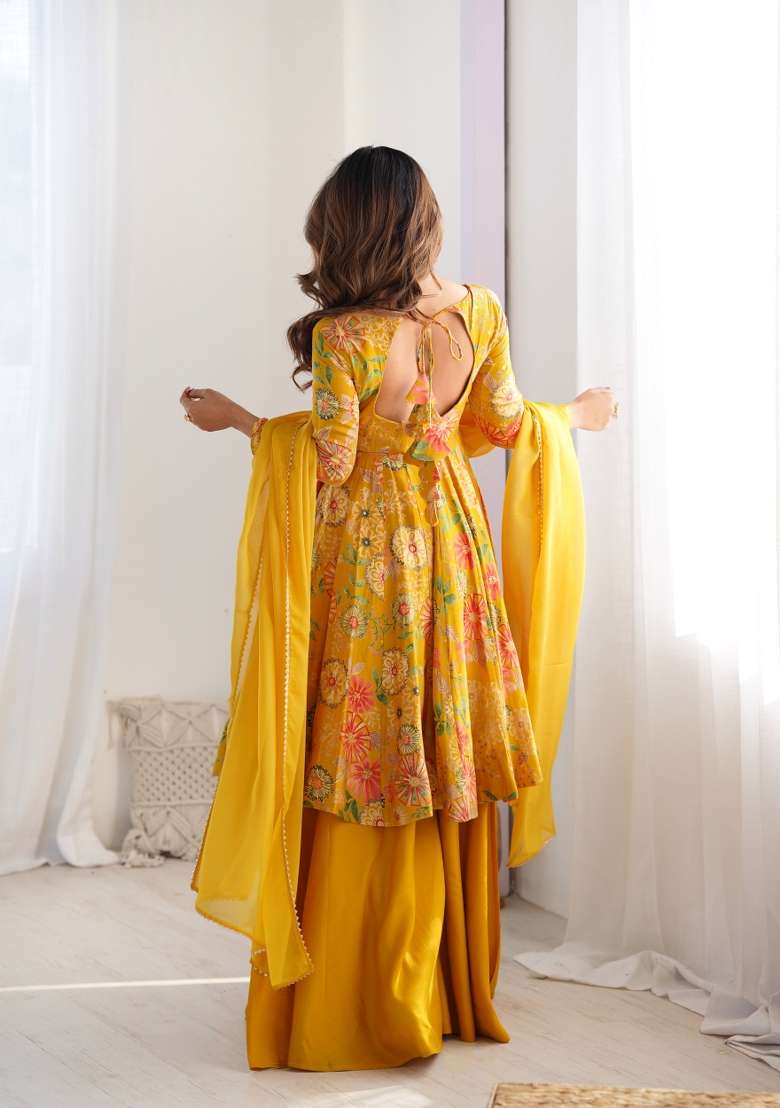 Yellow Printed Chanderi Palazzo Set - Indya