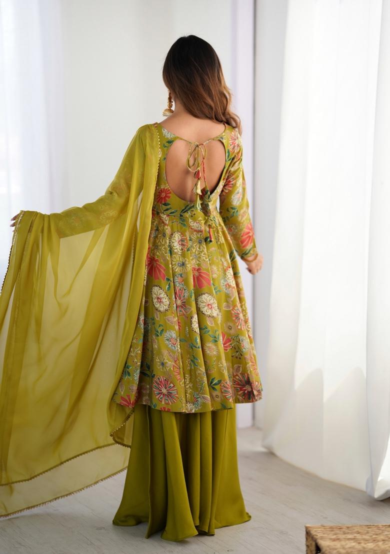Mehendi Printed Chanderi Palazzo Set - Indya