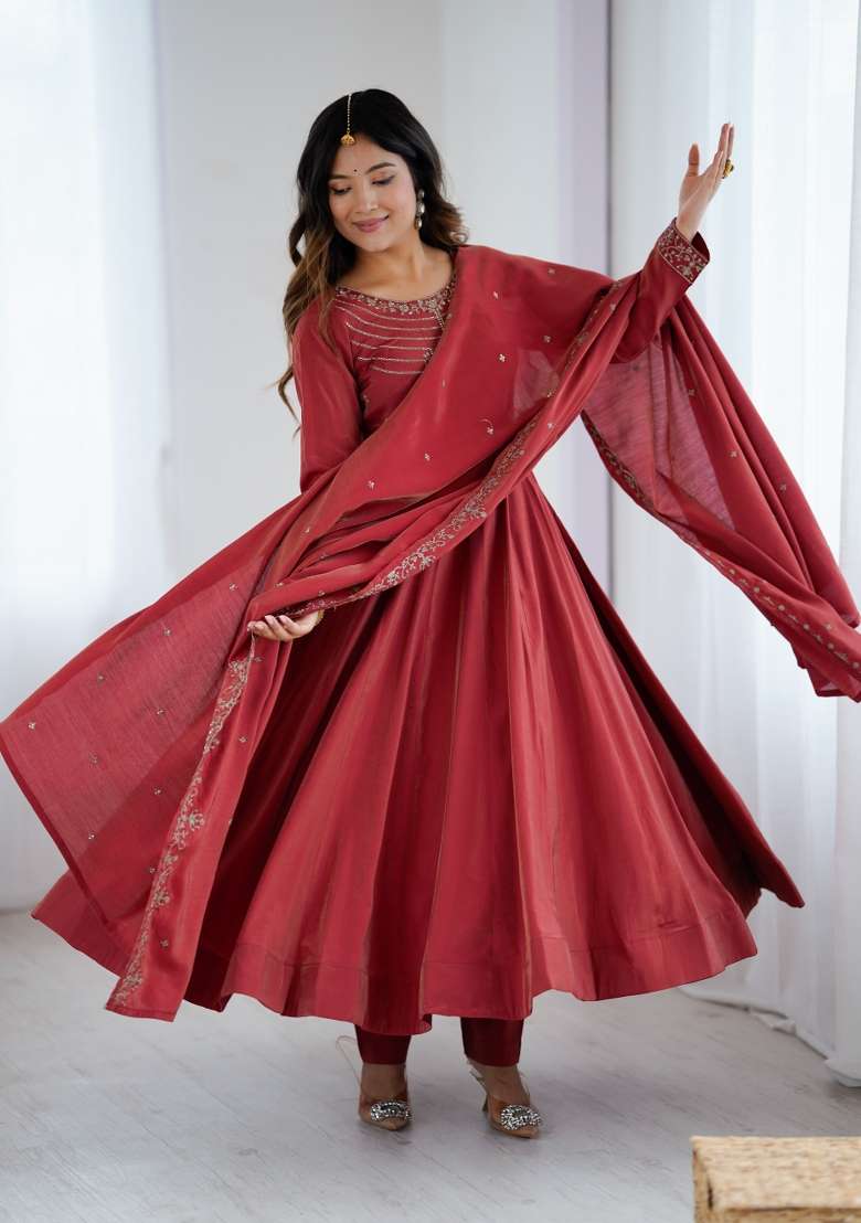 Maroon Embroidery Chanderi Gown Set - Indya