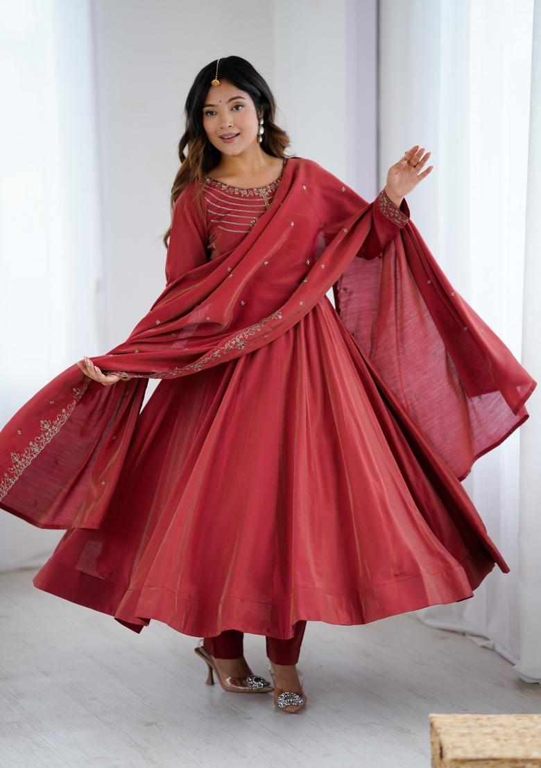 Maroon Embroidery Chanderi Gown Set - Indya