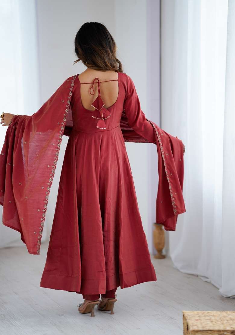 Maroon Embroidery Chanderi Gown Set - Indya