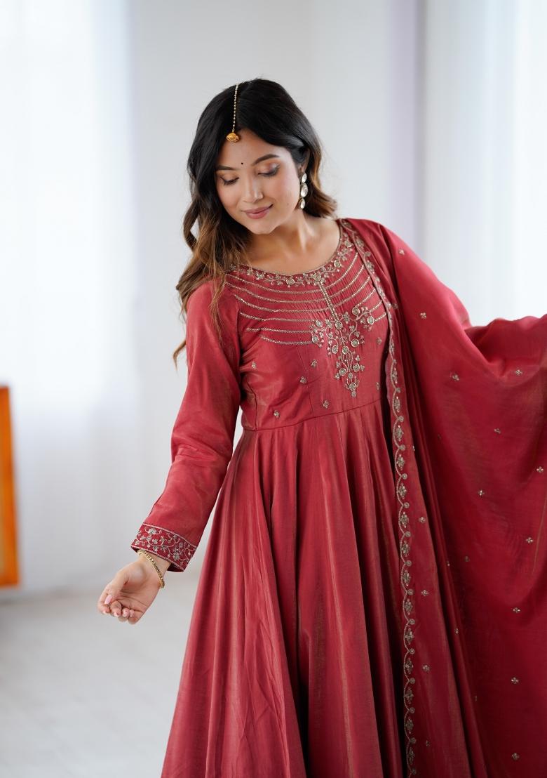 Maroon Embroidery Chanderi Gown Set - Indya