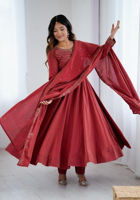 Maroon Embroidery Chanderi Gown Set