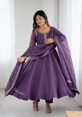 Purple Embroidery Silk Gown Set