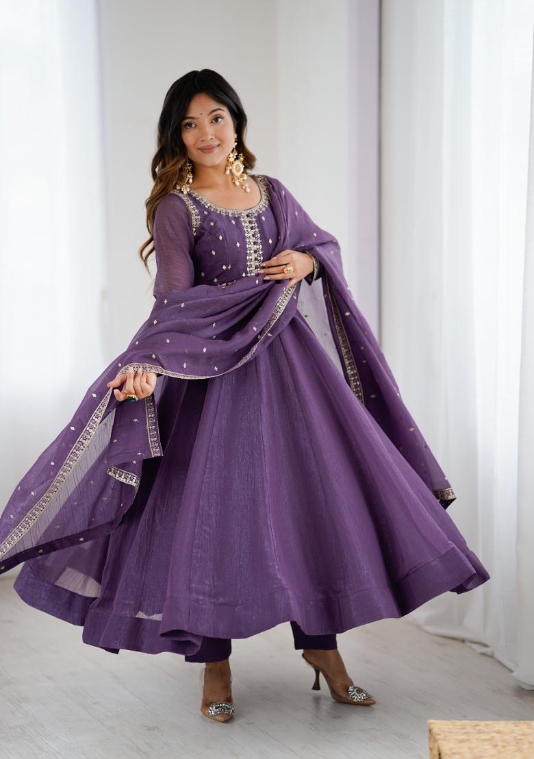 Purple Embroidery Silk Gown Set - Indya