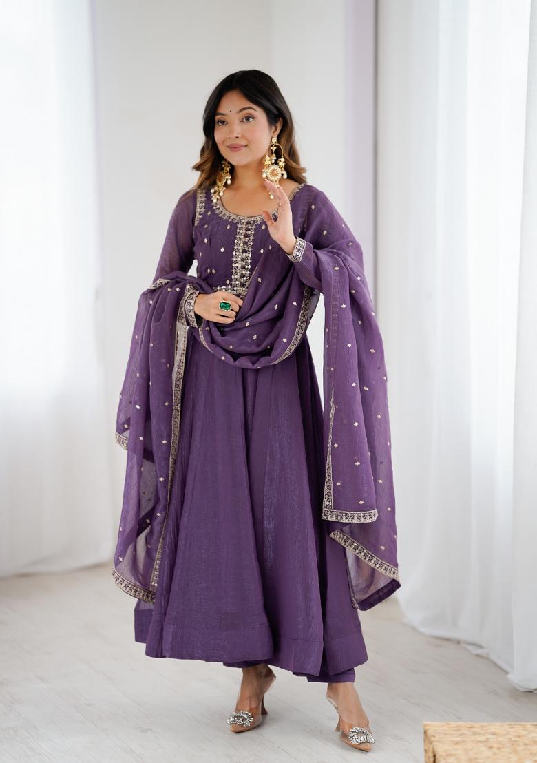 Purple Embroidery Silk Gown Set - Indya