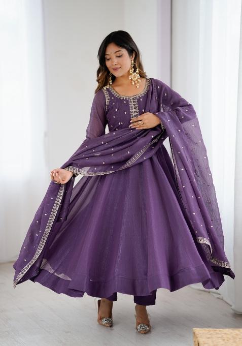 Purple Embroidery Silk Gown Set
