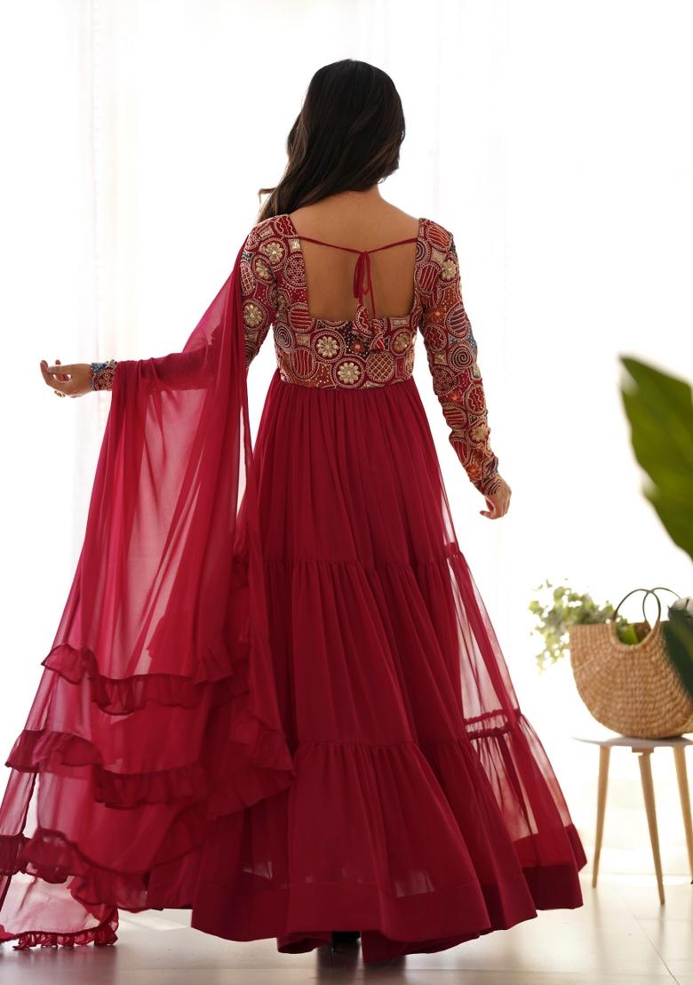 Red Embroidery Georgette Gown Set - Indya