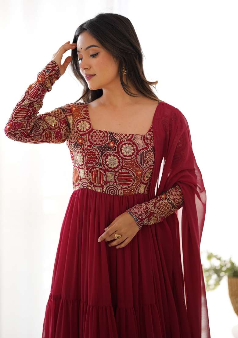 Red Embroidery Georgette Gown Set - Indya