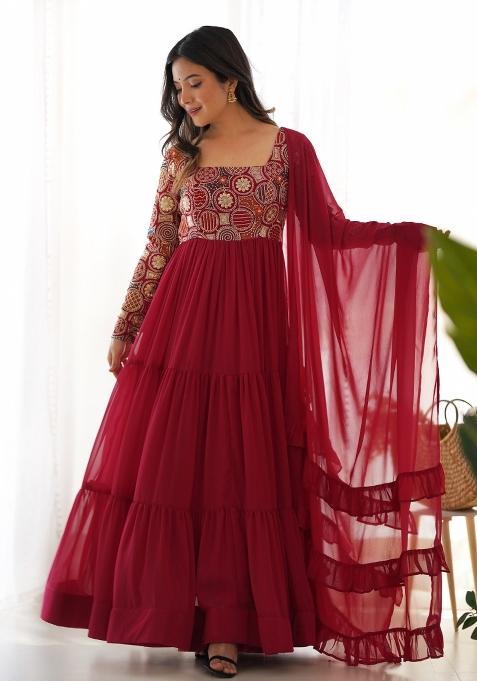 Red Embroidery Georgette Gown Set