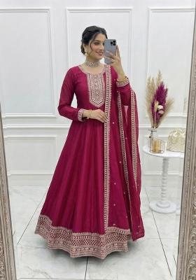 Dark Pink Embroidery Silk Gown Set
