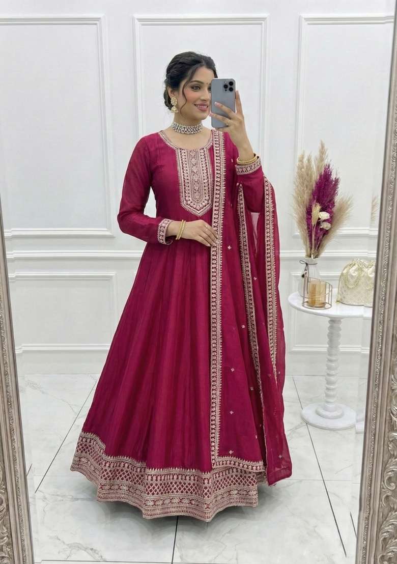 Dark Pink Embroidery Silk Gown Set - Indya