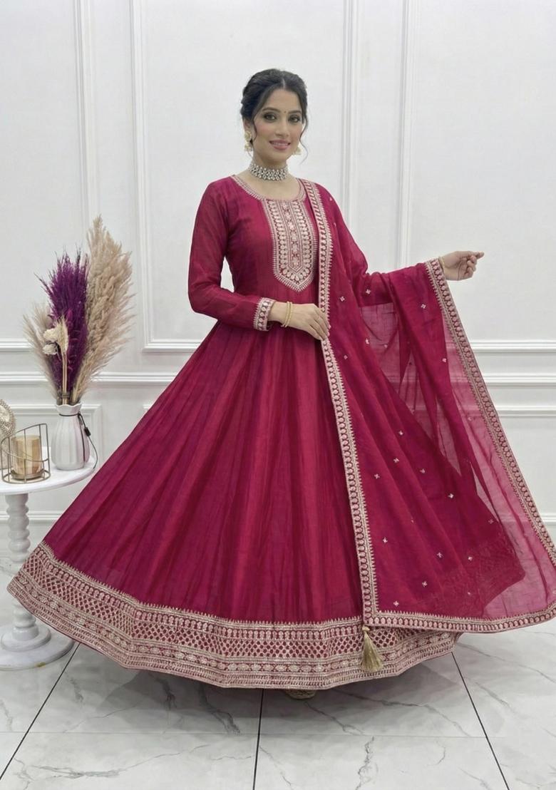 Dark Pink Embroidery Silk Gown Set - Indya