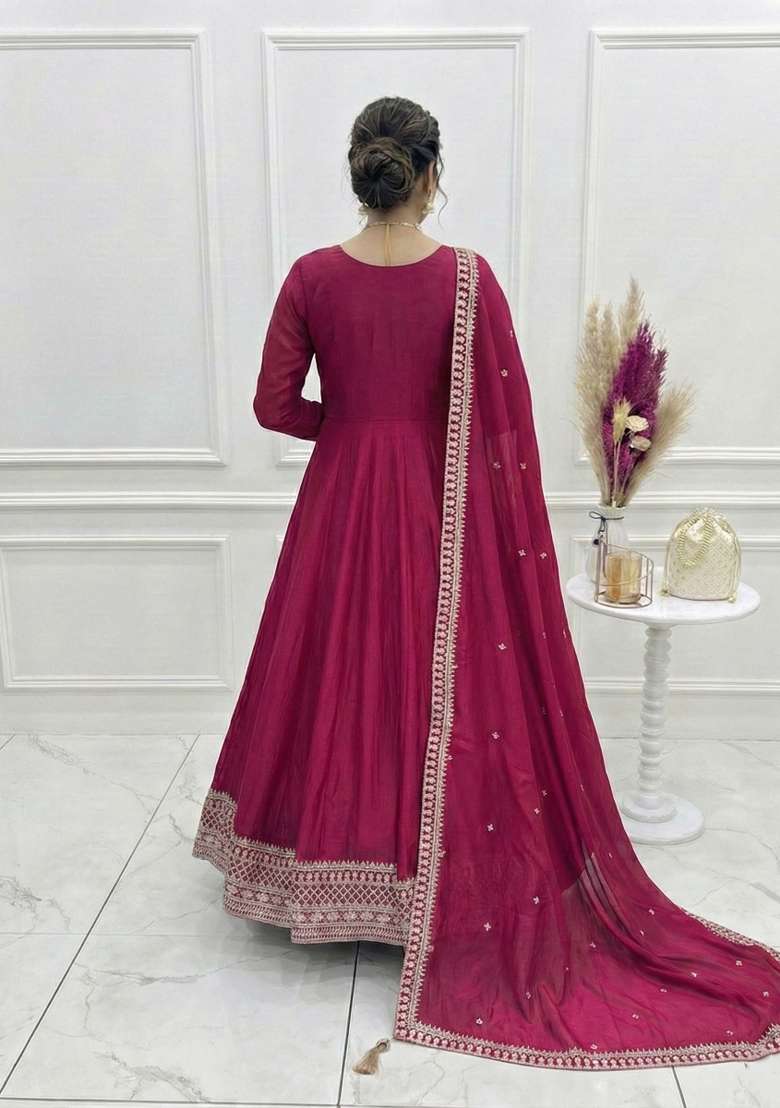 Dark Pink Embroidery Silk Gown Set - Indya