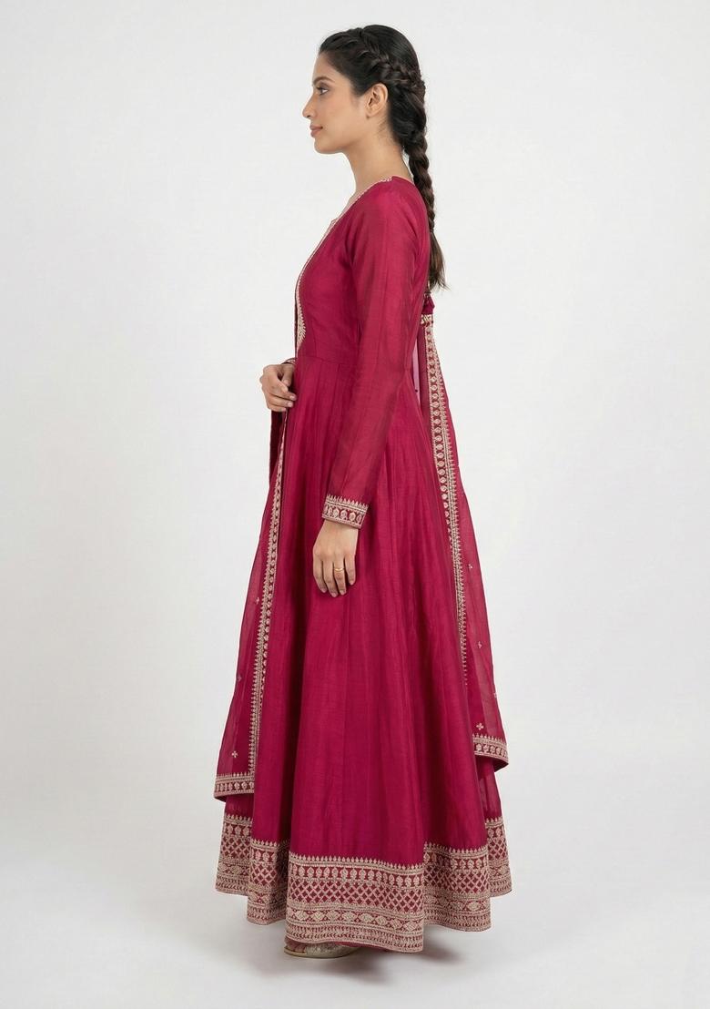Dark Pink Embroidery Silk Gown Set - Indya