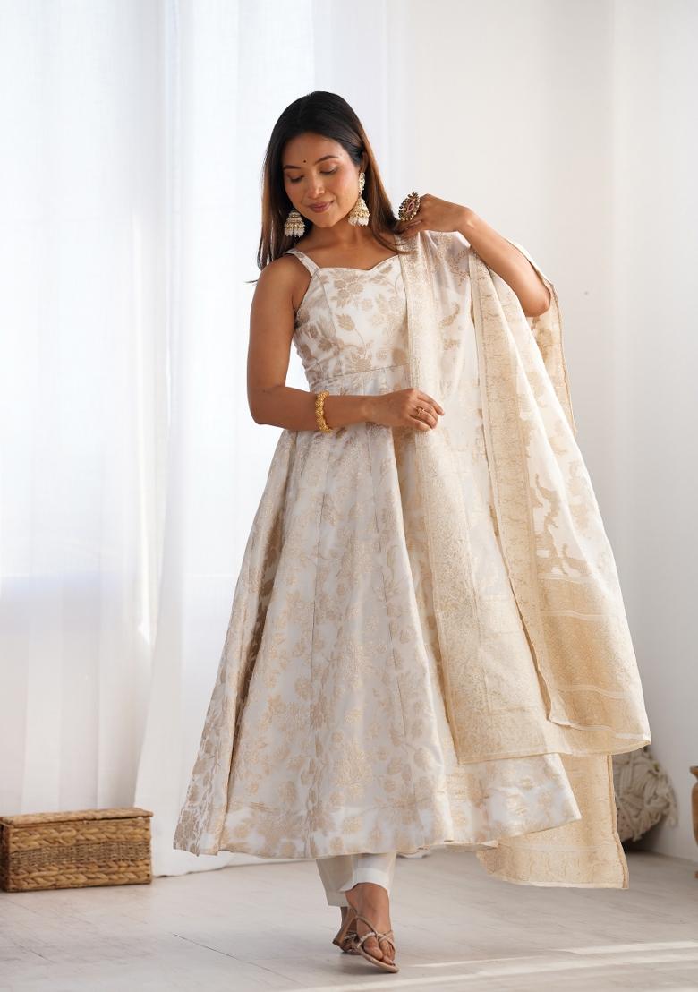 Off White Embroidery Jacquard Gown Set - Indya