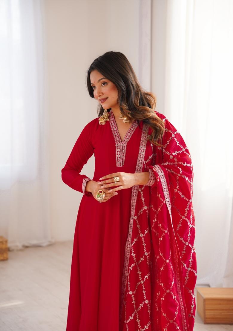 Red Embroidery Silk Gown Set - Indya